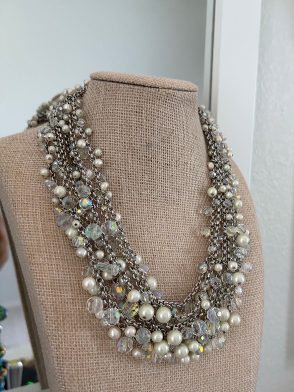 Ann Taylor Factory Multi-Strand Pearl & Crystal Necklace in Ivory and Clear